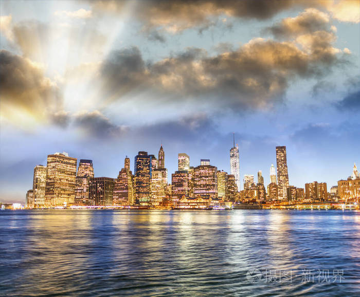曼哈顿 风景 暮光 纽约市 降低 地标 新的 港口 海滨