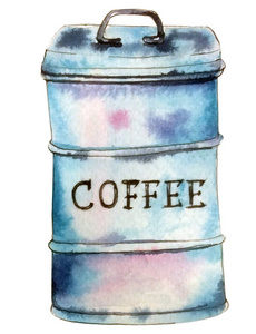 美丽的水彩手绘插图。咖啡的金属村孤立在白色的背面。