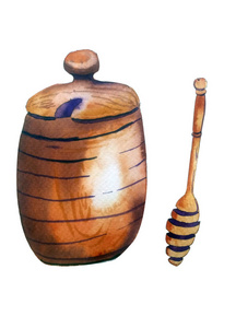 美丽的手绘水彩画。木制蜜罐和蜂蜜勺。