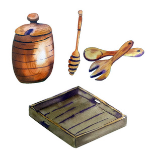 白色背景上独立的手绘水彩画插图。木制组件蜜罐勺子托盘和叉子