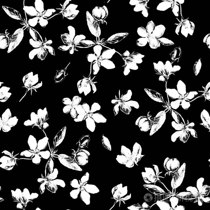 苹果花水彩无缝图案黑色和白色漂亮的手绘纹理