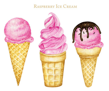 各种覆盆子草莓粉红冰淇淋勺装饰巧克力华夫饼锥套。白色背景上孤立的水彩画插图