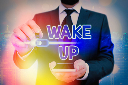 文字书写文字醒来。商业概念，例如一个示范性的醒来或被唤醒的例子。