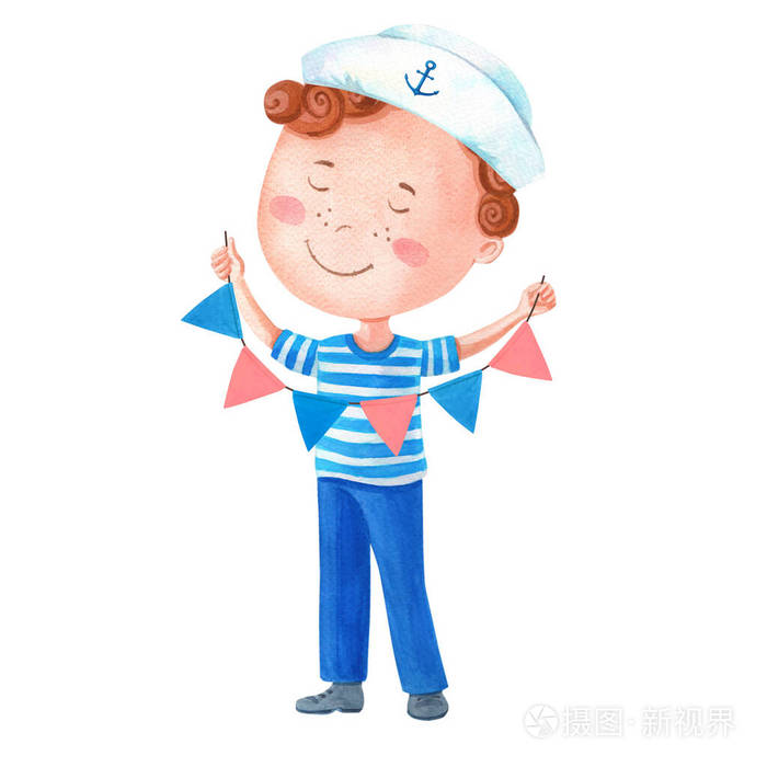 手持旗帜的小水手一个穿着海军服的可爱卡通男孩水彩画航海插图