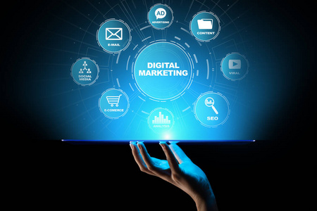 数字营销，在线广告，SEO，SEM，SMM。商业和互联网概念。