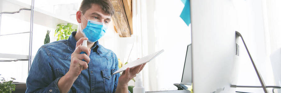 保护 大流行 预防 键盘 冠状病毒 流感 健康 工作 男人