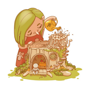 五颜六色的手绘小仙女浇灌蘑菇在一个小树桩房子与仙女的性格。魔法仙境中美丽小精灵的插图。
