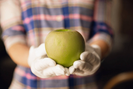 女性手拿绿色苹果，健康食品，水果的特写镜头