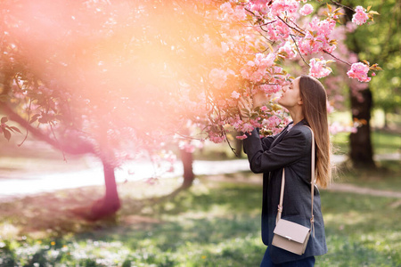 白种人 女孩 和谐 花的 樱桃 肖像 春天 夏天 美丽的