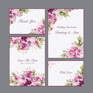 Beautiful Watercolor wedding card with roses flowers, peony and 