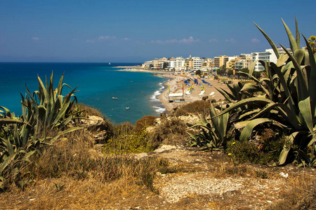 夏天 海滩 爱琴海 小山 房屋 海景 绿松石 建筑 蔚蓝