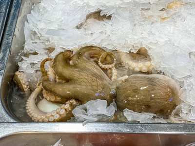 海鲜市场出售冻冰生章鱼