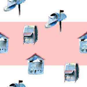 无缝水彩图案与各种类型的邮箱在白色和粉红色的背景上