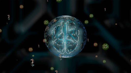 在一个透明的灯泡内的一个hud人的大脑被绿色和红色的三维动画病毒攻击。