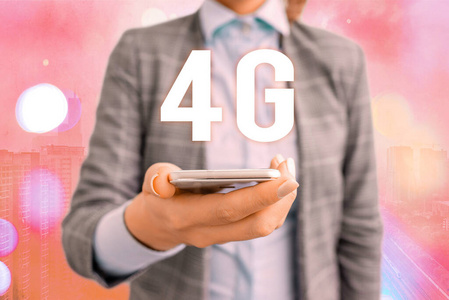 概念手稿显示4G。商业照片显示移动通信标准无线互联网接入速度更快。