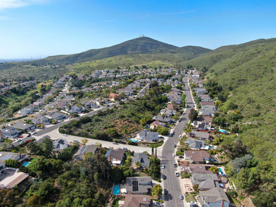 上中产阶级社区鸟瞰图，带住宅和山谷游泳池