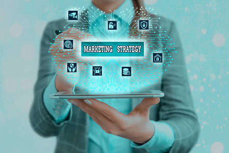 显示营销策略的文字标志。概念图片方案如何布局产品服务业务。