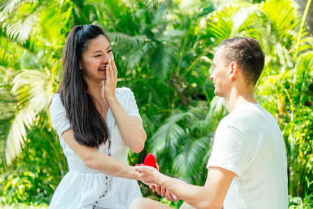 一个男人在热带公园野餐时向他的女人求婚