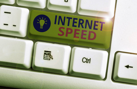 显示网速的概念性手写体。显示互联网连接移动或运行速率的商业照片。