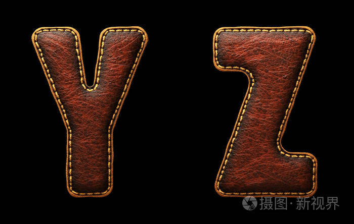 一组皮革字母yz大写在黑色背景上隔离皮肤纹理的3d渲染字体