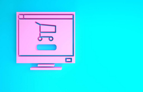 屏幕上的粉红色购物车电脑图标隔离在蓝色背景上。概念电子商务，电子商务，在线商务营销。极简主义概念。三维插图三维渲染