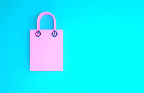 粉红色纸购物袋图标隔离在蓝色背景上。包装标识。极简主义概念。三维插图三维渲染
