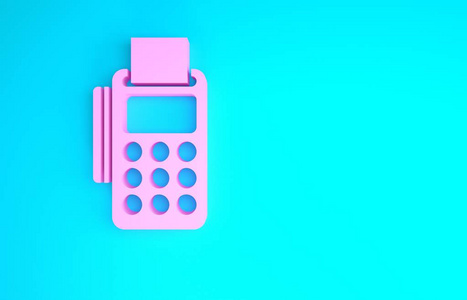 粉红色POS终端，带有插入的信用卡和蓝色背景上隔离的打印接收图标。NFC支付概念。极简主义概念。三维插图三维渲染