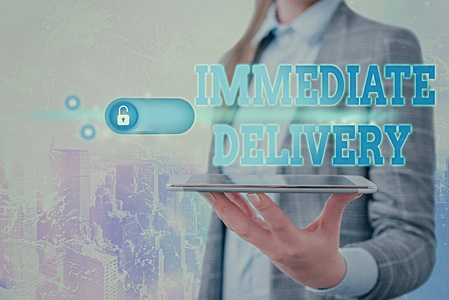 显示立即交货的文字标志.概念图片现在发送自定义程序,以便及时处理.