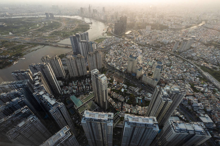 西贡 傍晚 摩天大楼 办公室 全景 全景图 天际线 天线