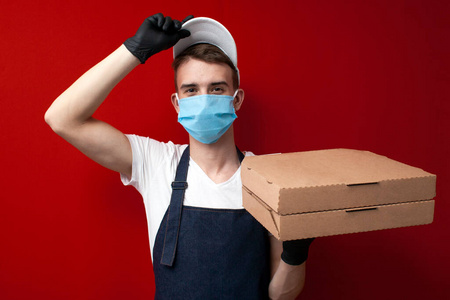 冠状病毒 服务 披萨 空的 午餐 工人 男人 纸张 病毒