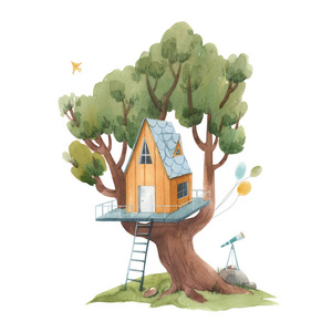 美丽的股票插图海报与可爱的水彩画儿童树屋.照片