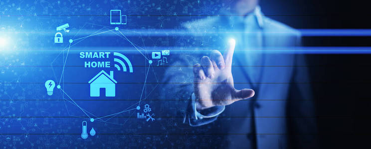 虚拟屏幕上的智能家居控制面板.物联网和自动化技术概念.照片