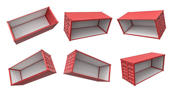 白色背景下一组开放式红色集装箱的三维绘制