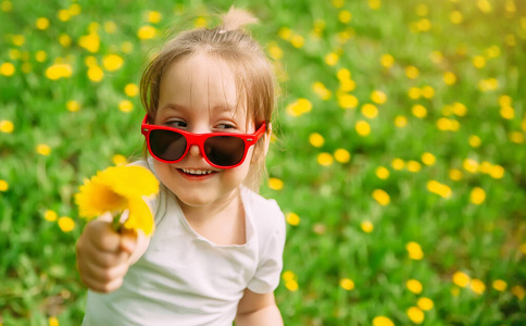 草坪上戴着墨镜的小女孩，长着黄色的蒲公英。复制空间。