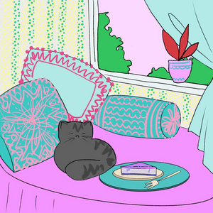 画一个家的心情与一只猫在沙发前的窗前有一朵花照片