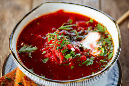 Closeup russian traditional beetroot soup borsch 