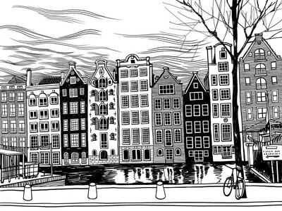 中央街道,房屋和运河.欧洲城市素描集.黑白插图.照片