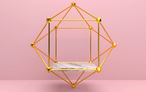 抽象的几何图形组集，粉色工作室背景，金色笼子，3d渲染，几何图形场景，金色框架内方形底座，时尚简约场景，简约干净
