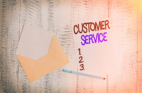 显示客户服务的文字标志。确保客户满意的概念性原纸背景的空白原纸信封。