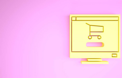 屏幕上的黄色购物车电脑图标与粉红色背景隔离。概念电子商务，电子商务，在线商务营销。极简主义概念。三维插图三维渲染