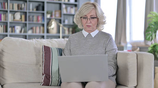 严肃的老妇人坐在沙发上用笔记本电脑