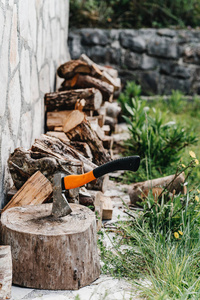 Axe for the crib logs sticks stuck in a tree 