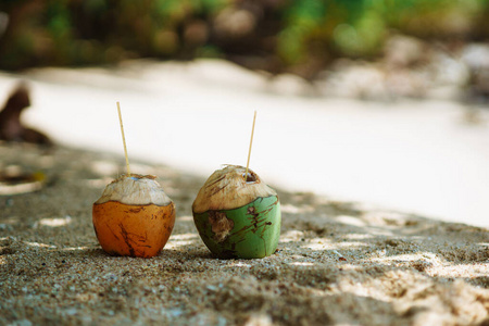 two coconuts with tubes on the beach under the sun 