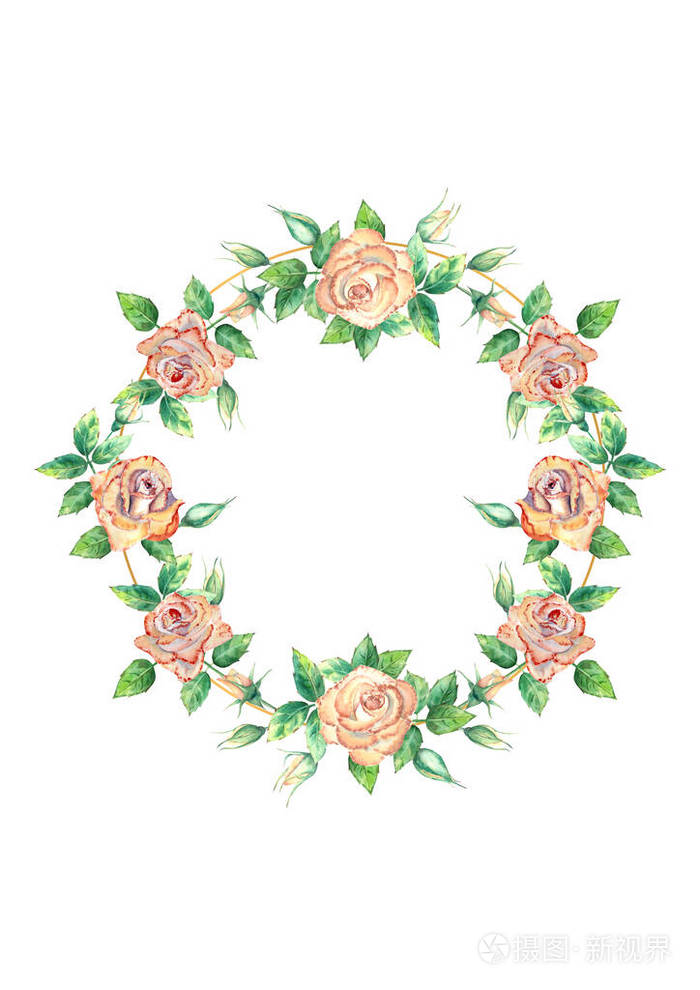 用花装饰的金色几何框架桃花绿叶开放和关闭的花朵水彩插图