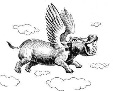 绘画 卡通 飞行 河马 翅膀 素描 艺术 有趣的 插图 墨水