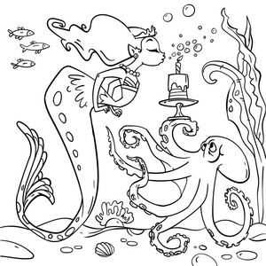 插图 绘画 美人鱼 海的 儿童 复古的 轮廓 野生动物 童话
