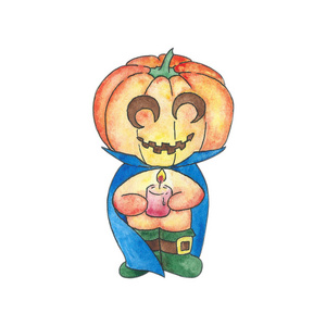 万圣节的好角色,头上戴着南瓜.贺卡的水彩画插图.照片