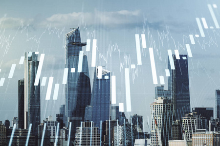 纽约天际线背景,外汇和投资概念上的抽象虚拟金融图形全息图多次曝光