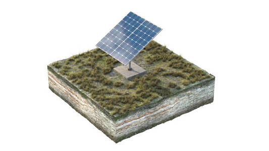 岛上的太阳能电池板。绿色能源。3D渲染。三维插图