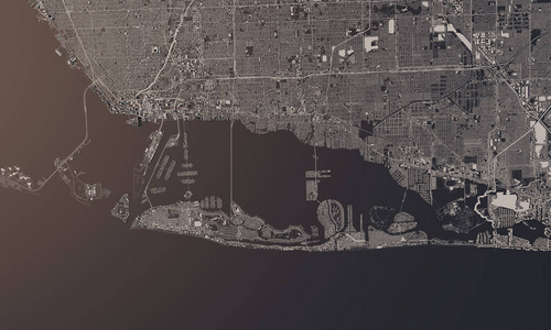 迈阿密,佛罗里达,美国城市地图三维渲染.航空卫星视图照片